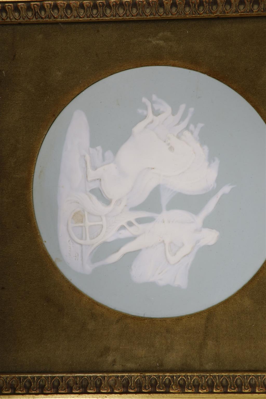 A pair of Limoges pate-sur-pate ceramic plaques, by Camille Tharaud, 5.5cm diameter (not including mount or frame)